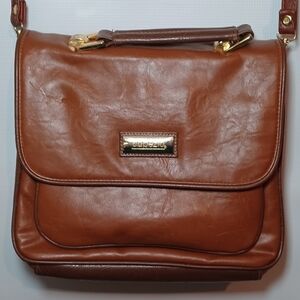 Capezio Cognac and Brown FauxLeather Satchel Bag Messenger Baag Gold Accents